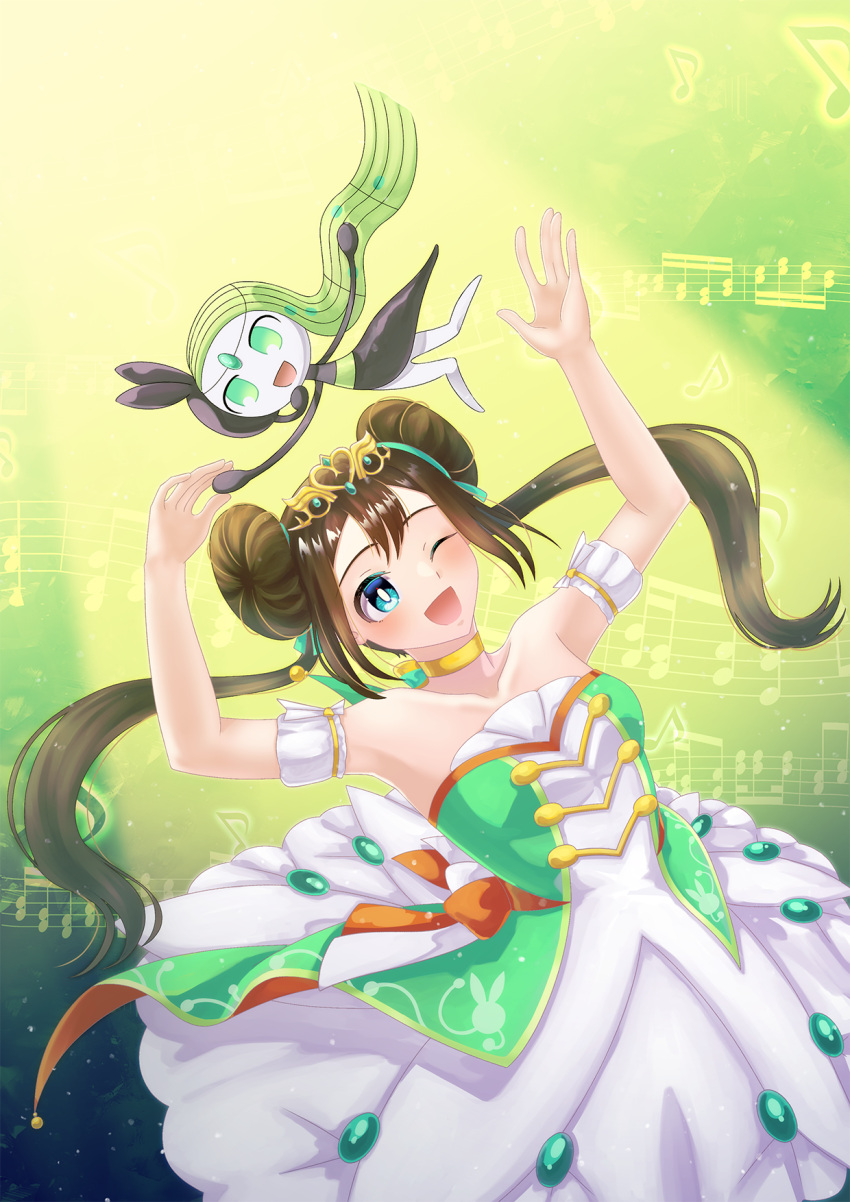 1girl arms_up bare_shoulders blue_eyes brown_hair double_bun dress green_background hair_bun highres jyouka meloetta meloetta_(aria) musical_note official_alternate_costume open_mouth pokemon pokemon_(creature) pokemon_masters_ex rosa_(champion)_(pokemon) rosa_(pokemon) strapless strapless_dress tiara