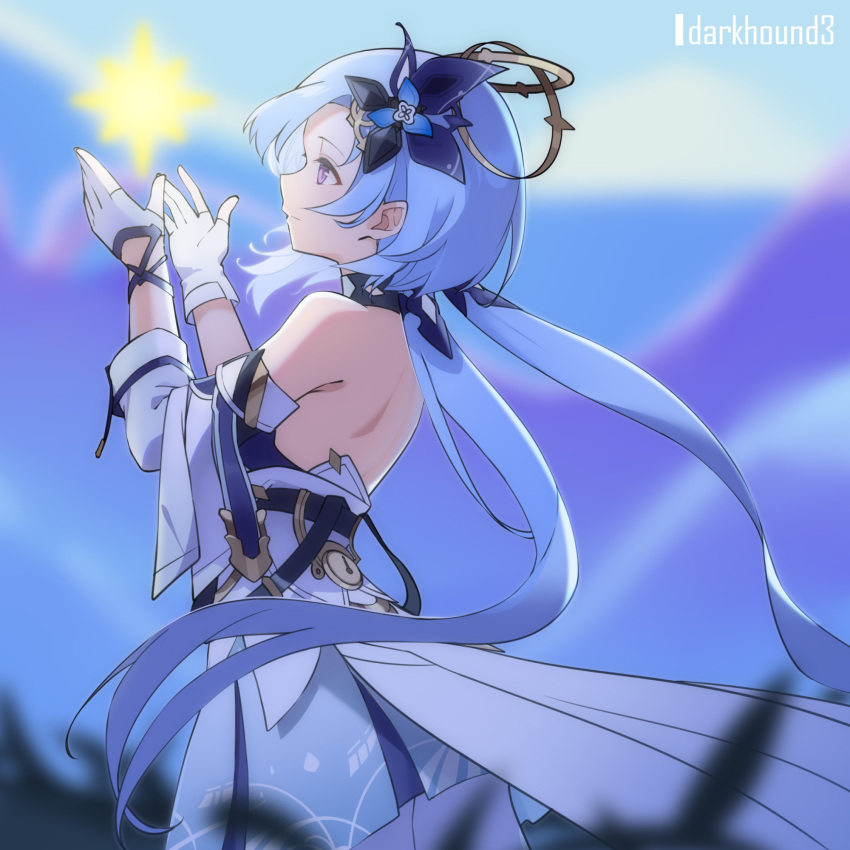 1girl backless_dress backless_outfit bare_back bare_shoulders blue_hair commentary_request cowboy_shot dark_hound_3 detached_sleeves dress gloves griseo hair_ornament highres honkai_(series) honkai_impact_3rd long_hair purple_eyes solo standing very_long_hair white_dress white_gloves