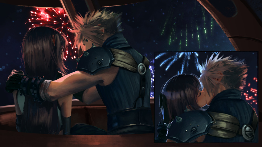 1boy 1girl absurdres armor bare_shoulders black_gloves black_hair black_sports_bra blonde_hair blue_eyes blue_sweater closed_eyes cloud_strife commentary couple crop_top earrings elbow_gloves english_commentary final_fantasy final_fantasy_vii final_fantasy_vii_rebirth final_fantasy_vii_remake fireworks from_behind gloves gondola hand_on_another's_shoulder hetero highres jewelry kiss light_particles long_hair looking_at_another night night_sky ribbed_sweater safaiaart shoulder_armor sitting sky sleeveless sleeveless_turtleneck spiked_hair sports_bra stud_earrings suspenders sweater swept_bangs tank_top tifa_lockhart turtleneck turtleneck_sweater upper_body white_tank_top