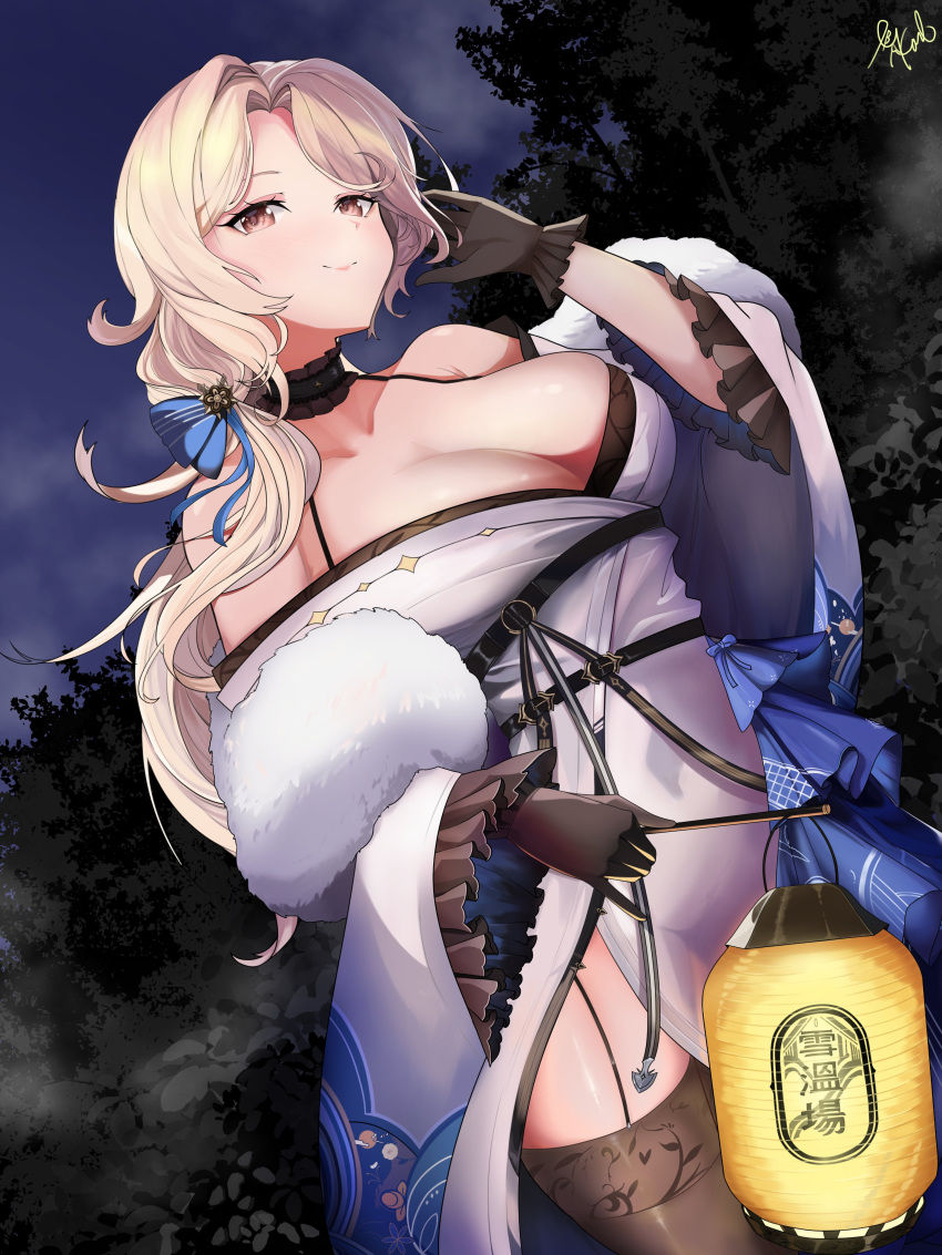 1girl absurdres aonwe black_thighhighs blonde_hair blush breasts cave cleavage collarbone goddess_of_victory:_nikke highres holding holding_lantern japanese_clothes lantern large_breasts long_hair looking_at_viewer ludmilla_(nikke) ludmilla_(winter_owner)_(nikke) night official_alternate_costume parted_bangs red_eyes sky smile snowing solo thighhighs thighs tree