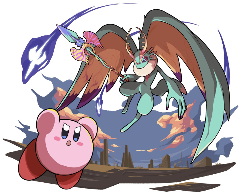 antlers battle blush_stickers colored_skin fecto_elfilis furry highres holding holding_staff kirby kirby_(series) kirby_and_the_forgotten_land multicolored_eyes pink_skin poyo_party staff tail wing_ears