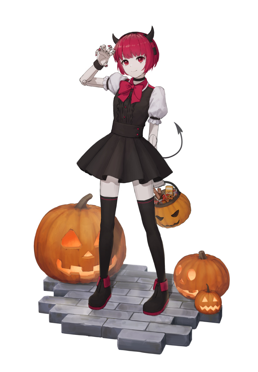 1girl alternate_costume android black_choker black_dress black_footwear black_thighhighs black_wrist_cuffs bow bowtie brick_floor candy choker closed_mouth commentary_request dorothy_haze dress fingernails food full_body hairband halloween halloween_bucket hand_up highres horns jack-o'-lantern joints looking_at_viewer megusuri_nodoame_kuensan puffy_short_sleeves puffy_sleeves red_bow red_bowtie red_eyes red_hair red_hairband red_nails robot_joints shadow shoes short_hair short_sleeves simple_background smile solo standing striped striped_hairband thighhighs va-11_hall-a variant_set white_background