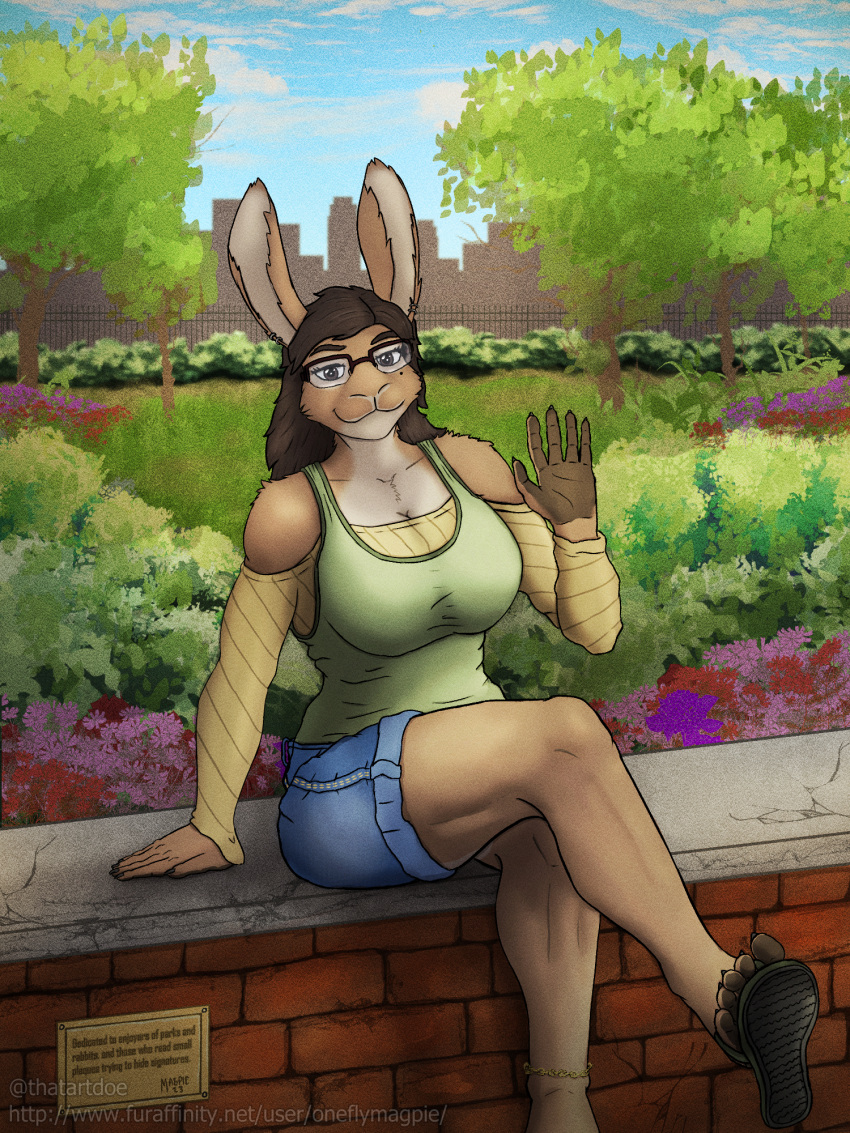 3:4 5_fingers 5_toes anklet anthro big_breasts bottomwear breasts brick_wall clothed clothing cutoffs denim denim_bottomwear denim_clothing detailed_background eyewear feet female fence fingers flip_flops flower footwear fully_clothed fur glasses hi_res jewelry lagomorph leporid looking_at_viewer mammal markings mole_(marking) multicolored_body multicolored_fur oneflymagpie outside park plant rabbit raised_arm sandals sara_finch shirt shorts shoulderless_shirt skyline smile solo tank_top toes topwear tree two_tone_body two_tone_fur wall_(structure)
