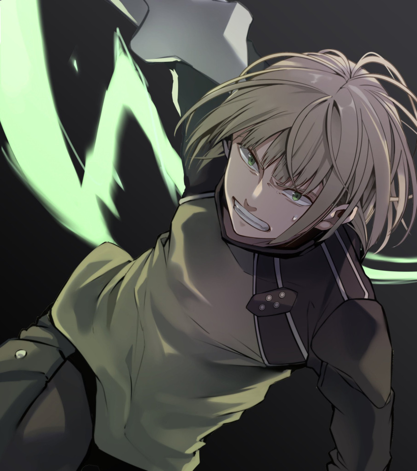 1boy angry black_background blonde_hair charging_forward clenched_teeth cowboy_shot dutch_angle energy_sword furrowed_brow glowing green_eyes grey_hair highres long_sleeves looking_ahead male_focus morita_yuu outstretched_arm pants pocket reghindetz short_hair simple_background solo sword teeth uniform weapon world_trigger