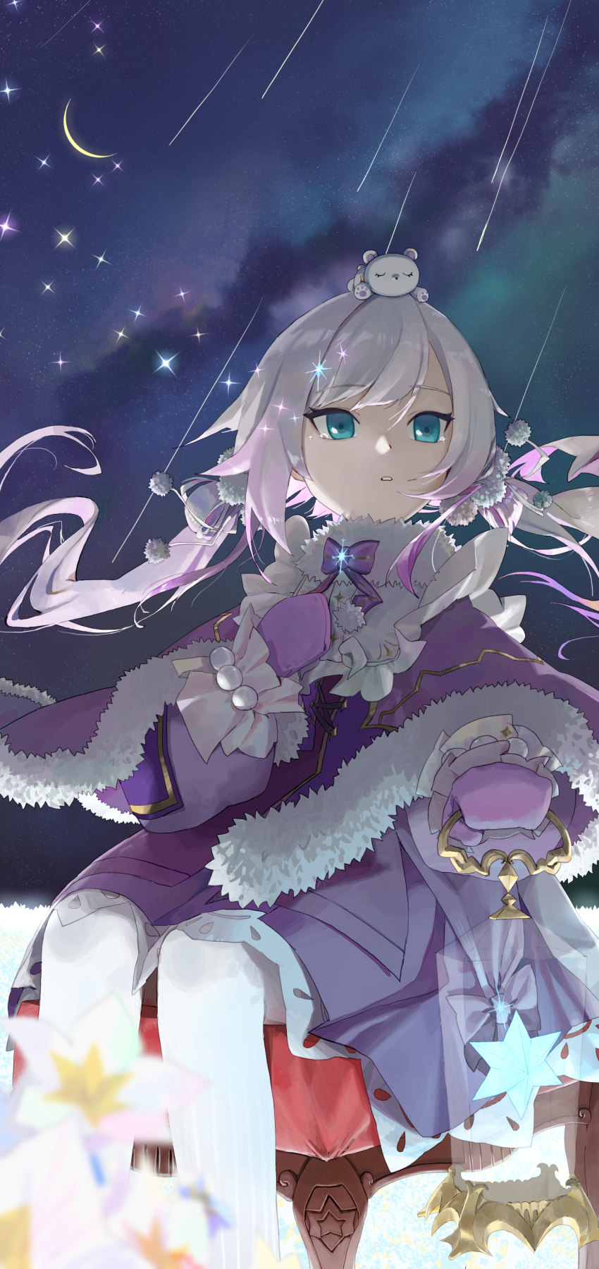 1girl 2525_lynn absurdres ars_almal ars_almal_(8th_costume) blue_eyes bow bowtie capelet coat commentary_request crescent_moon expressionless floating_hair flower fur-trimmed_capelet fur_trim grey_hair hair_ornament highres holding holding_lantern lantern long_hair looking_afar milky_way mittens moon night nijisanji pantyhose parted_lips pom_pom_(clothes) pom_pom_hair_ornament purple_capelet purple_coat sitting sky solo star_(sky) starry_sky twintails virtual_youtuber white_flower white_pantyhose