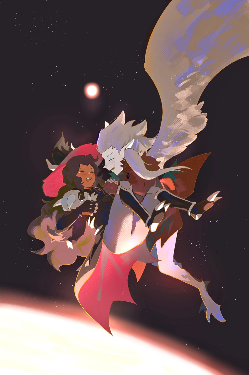 1boy 2girls a-kai202 absurdres closed_eyes dark-skinned_female dark_skin demon_girl demon_horns edalyn_clawthorne feathered_wings grey_hair happy harpy highres holding_hands horns king_clawthorne luz_noceda monster_girl multiple_girls pale_skin planet pointy_ears smile space sun talons the_owl_house wings