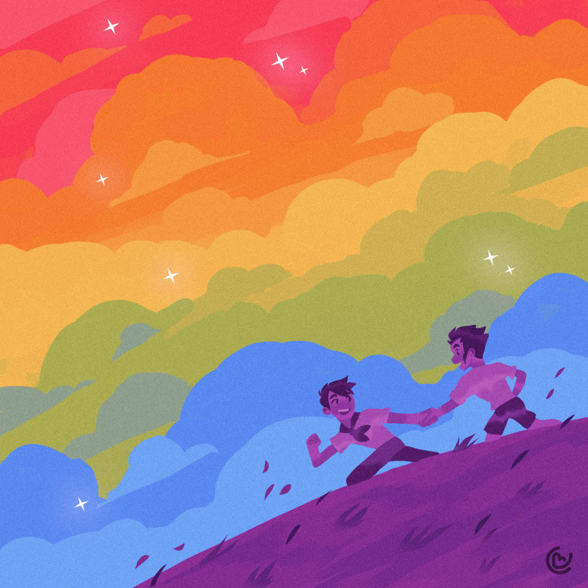 2boys caldatelier couple flag_background from_below grass happy highres holding_hands lgbt_pride long_sideburns male_focus multicolored_clouds multiple_boys original pulling rainbow_flag rainbow_gradient sailor_collar short_hair sideburns sky sky_focus solid_oval_eyes star_(sky) starry_sky thick_eyebrows yaoi