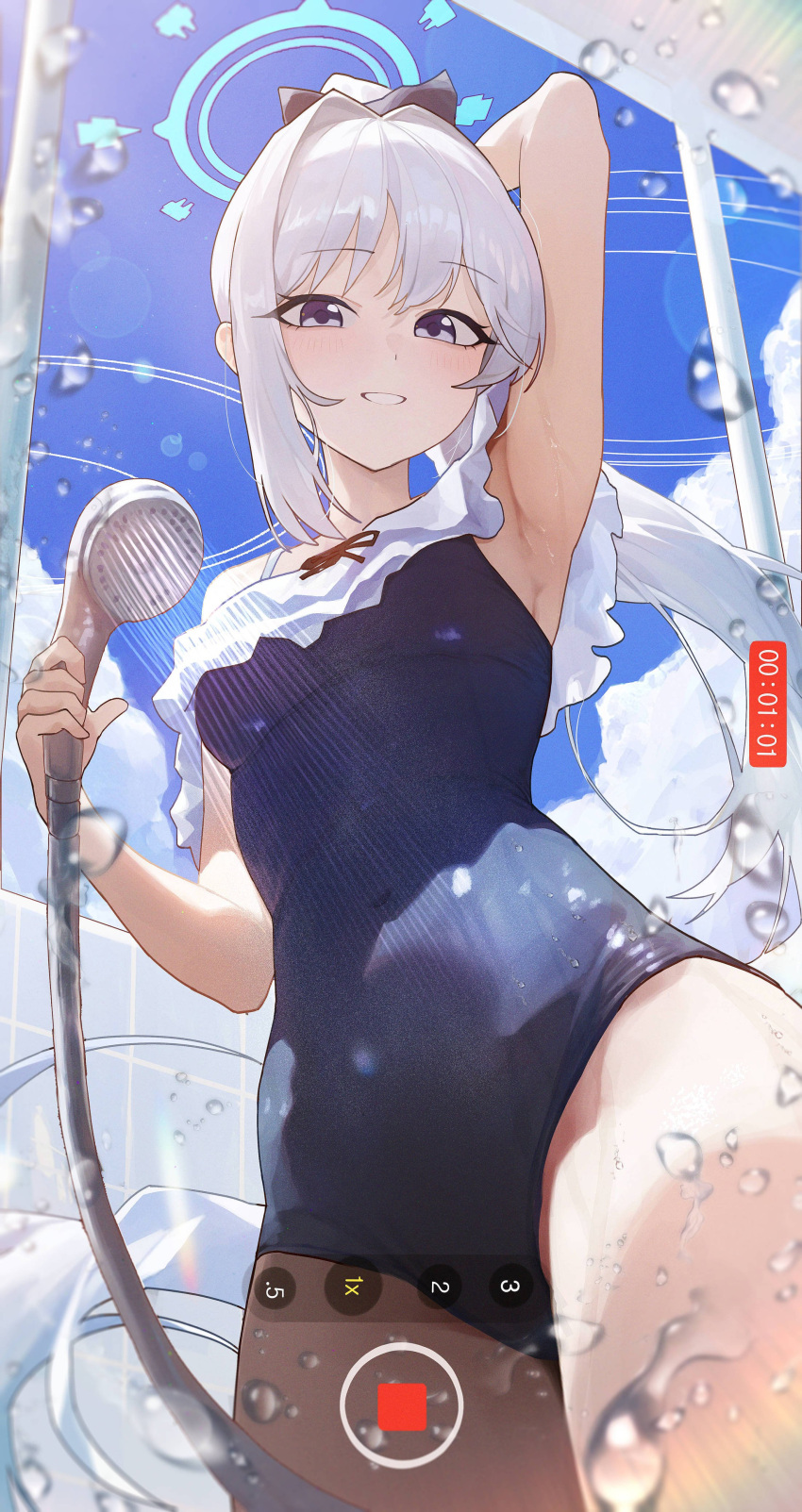 1girl absurdres arm_up armpits bare_arms bare_legs bare_shoulders black_one-piece_swimsuit blue_archive blue_halo blush breasts bubble99 covered_navel cowboy_shot frilled_one-piece_swimsuit frills from_below grey_hair halo highres holding holding_shower_head long_hair looking_at_viewer miyako_(blue_archive) miyako_(swimsuit)_(blue_archive) official_alternate_costume official_alternate_hairstyle one-piece_swimsuit open_mouth ponytail purple_eyes recording shower_head showering small_breasts smile solo swimsuit wet