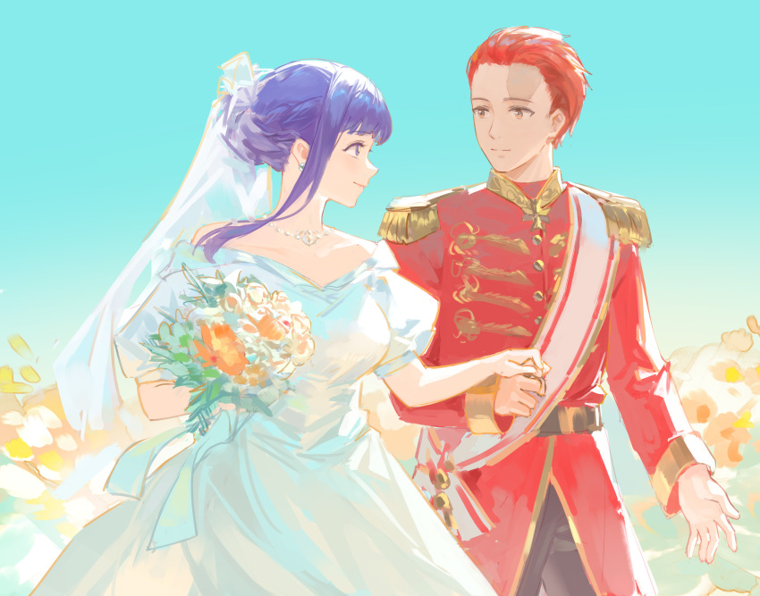 1boy 1girl absurdres black_pants bouquet closed_mouth day dress epaulettes fern_(sousou_no_frieren) forehead highres holding holding_bouquet long_hair long_sleeves looking_at_another meinoss outdoors pants purple_eyes purple_hair red_hair red_shirt scar scar_on_face scar_on_forehead shirt short_hair smile sousou_no_frieren stark_(sousou_no_frieren) walking white_dress yellow_eyes