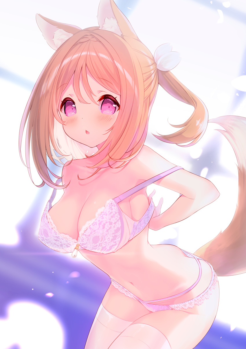 1girl absurdres animal_ear_fluff animal_ears bare_shoulders blurry blurry_background blush bra breasts brown_hair chestnut_mouth cleavage collarbone depth_of_field hair_between_eyes hair_ribbon highres large_breasts leaning_forward looking_at_viewer milia_leclerc mofu-mofu_after_school mofumofu_channel navel p19 panties parted_lips ponytail purple_bra purple_panties ribbon sidelocks solo tail thighhighs underwear undressing white_ribbon white_thighhighs