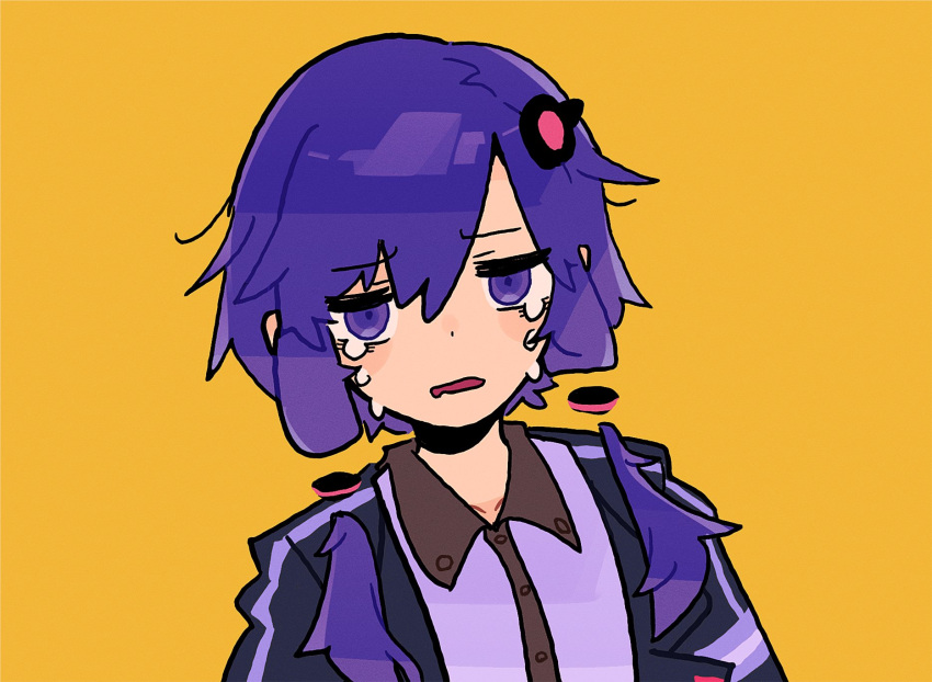 1girl a.i._voice adpx black_jacket collared_shirt crying crying_with_eyes_open detached_hair dress_shirt frown furrowed_brow hair_ornament highres jacket looking_at_viewer open_clothes open_jacket open_mouth pink_shirt purple_armband purple_eyes purple_hair shirt short_hair_with_long_locks simple_background solo tears upper_body voiceroid yellow_background yuzuki_yukari yuzuki_yukari_(a.i._voice)