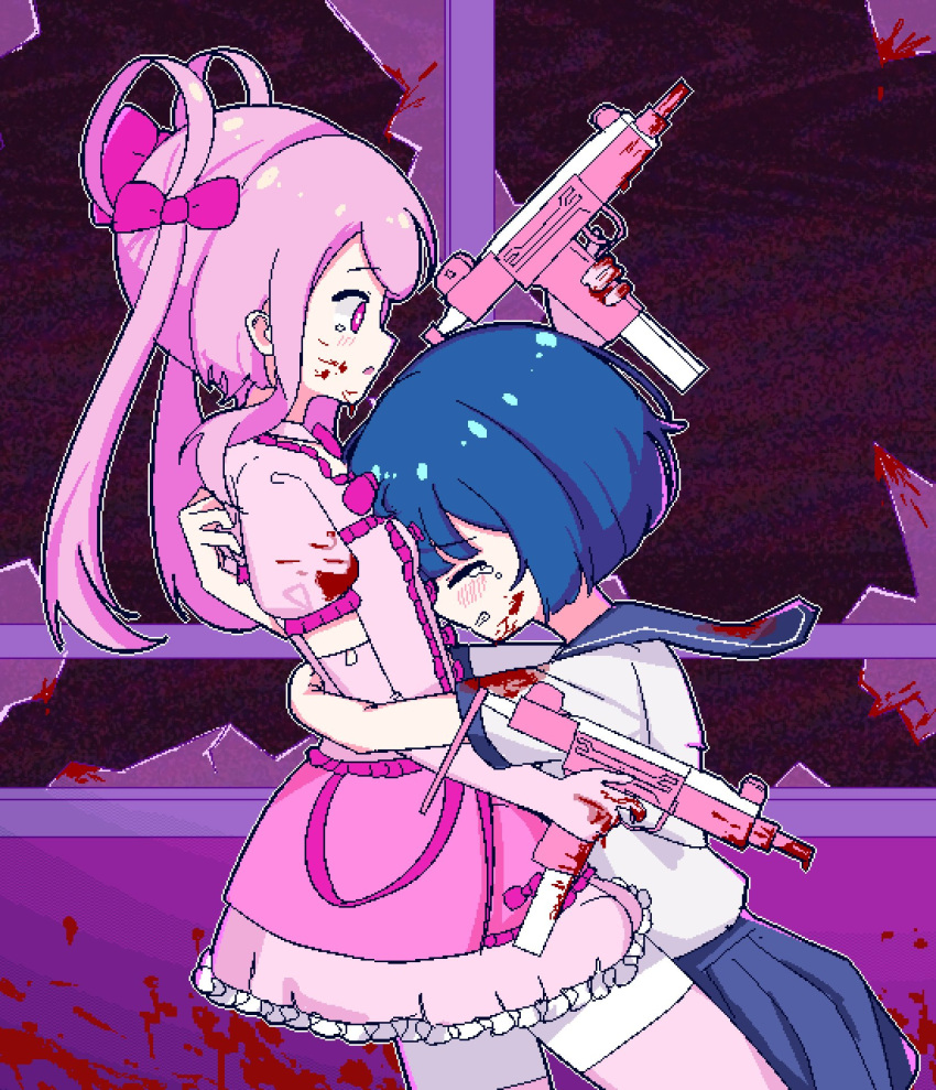 2girls aqua_hair arm_at_side arm_hug arm_up blank_stare blood blood_drip blood_on_clothes blood_on_face blood_on_wall blood_on_weapon blood_on_window blue_hair blue_sailor_collar blue_skirt blunt_bangs blush bob_cut broken_glass broken_window chibikki choker clenched_teeth closed_mouth crying distortion double_arm_hug dress elbow_gloves english_commentary finger_on_trigger frilled_dress frills from_side glass glass_shards gloves gun hair_ribbon highres holding holding_gun holding_weapon hug imi_uzi long_hair looking_down magazine_(weapon) magical_girl magical_girl_saki-hope_(chibikki) micro_uzi multiple_girls nanako_(chibikki) no_halo open_mouth original pale_skin pink_choker pink_eyes pink_gloves pink_hair pink_ribbon pink_skirt pixel_art pleated_skirt puffy_short_sleeves puffy_sleeves ribbon sailor_collar saki_(chibikki) school_uniform short_sleeves skirt socks staring submachine_gun surprised swept_bangs tears teeth thighhighs twintails weapon window