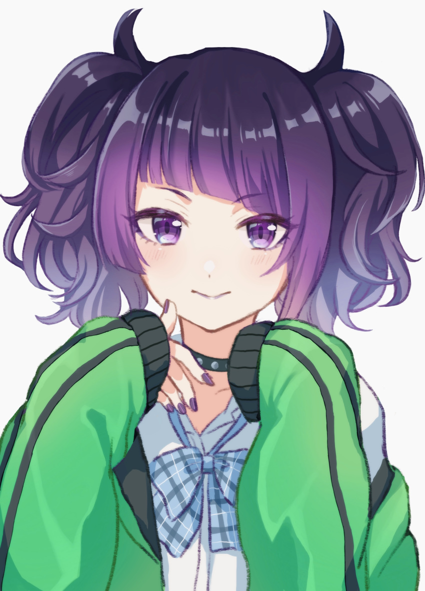 1girl absurdres black_choker blunt_bangs blush bow checkered_bow checkered_clothes choker collarbone commentary_request diagonal_bangs dot_nose green_jacket highres idolmaster idolmaster_shiny_colors jacket looking_at_viewer nail_polish purple_eyes purple_hair purple_nails school_uniform shirako_(srk_srtk) shirt short_twintails simple_background smile solo spiked_choker spikes studded_choker tanaka_mamimi twintails