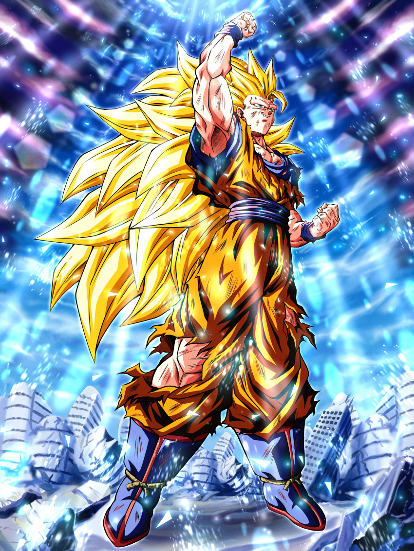 1boy absurdres blonde_hair blue_footwear commentary_request dougi dragon_ball dragon_ball_z full_body highres hiro_(udkod1ezlyi2flo) long_hair muscular muscular_male no_eyebrows orange_pants pants shoes smile solo son_goku standing super_saiyan super_saiyan_3