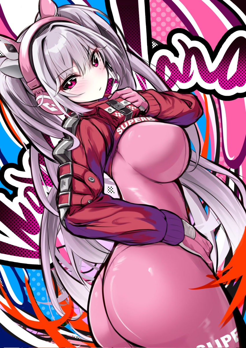1girl alice_(nikke) animal_ear_headphones animal_ears ass back bent_over blush bodysuit breasts closed_mouth comiket_103 cropped_jacket fake_animal_ears from_behind gloves goddess_of_victory:_nikke grey_hair headphones highres impossible_bodysuit impossible_clothes jacket large_breasts latex latex_bodysuit long_hair looking_at_viewer looking_back multicolored_clothes multicolored_gloves pink_bodysuit pink_eyes pink_gloves pink_hair pink_headphones red_jacket revision shoes shrug_(clothing) sidelocks skin_tight solo suzuran_(su-pai) twintails two-tone_gloves white_footwear white_gloves
