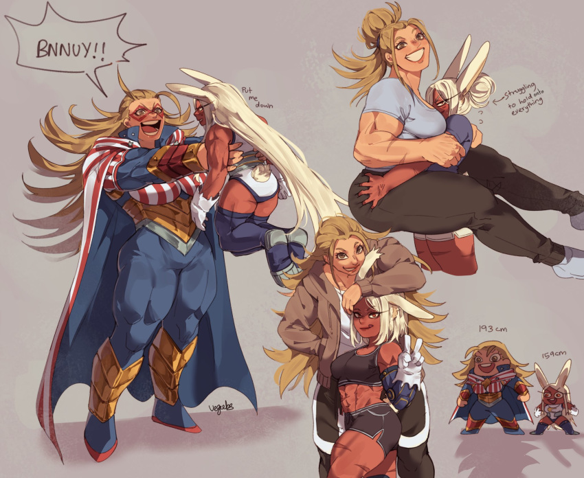 2girls abs addy_(@vegeebs) american_flag american_flag_print animal_ears ass blonde_hair boku_no_hero_academia breasts casual chibi dark-skinned_female dark_skin dolphin_shorts domino_mask flag_print gloves grey_hair had_a_dream_everyone_was_drawing_lesbian_ships_like_this_(meme) hair_slicked_back highres hood hoodie leotard lifting_person long_eyelashes mask mechanical_arms meme mirko multiple_girls muscular muscular_female open_clothes open_hoodie rabbit_ears rabbit_girl rabbit_tail scar short_shorts shorts sports_bra star_and_stripe_(boku_no_hero_academia) striped_cape superhero tail tail_through_clothes tall_female thick_thighs thighhighs thighs v white_gloves white_leotard yuri