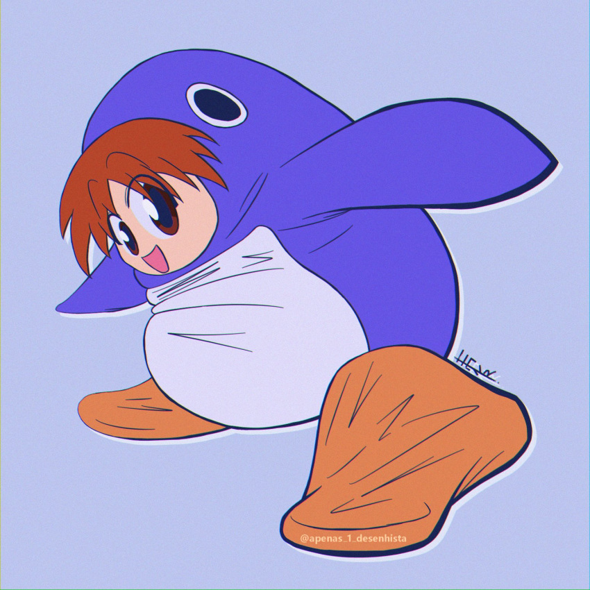 1girl animal_costume apenas_1_desenhista azumanga_daioh brown_eyes english_commentary highres mihama_chiyo orange_hair penguin_costume signature simple_background solo twitter_username