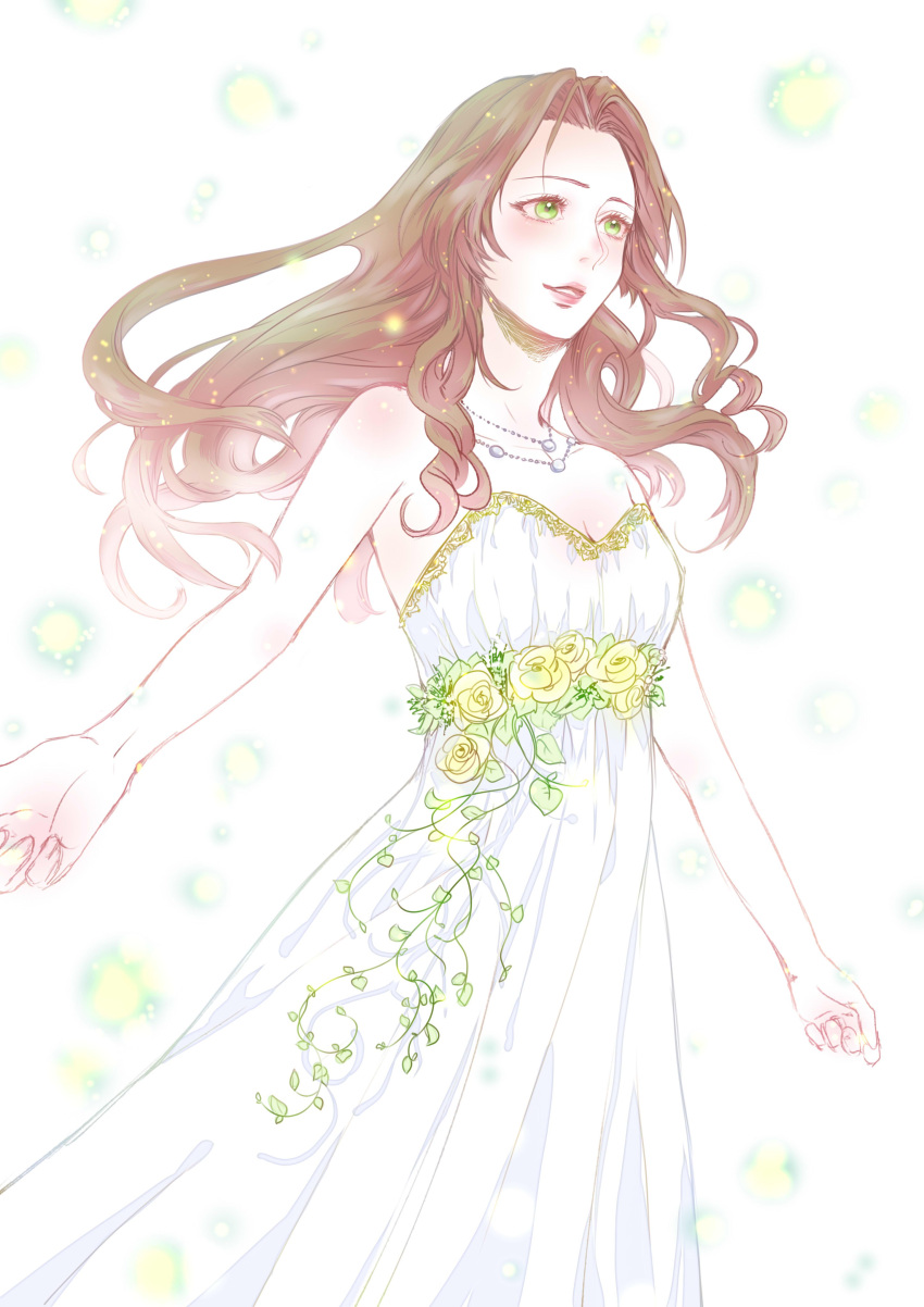 1girl absurdres aerith_gainsborough bare_arms bare_shoulders blush breasts brown_hair cowboy_shot dress dress_flower falling_petals fimbulvetr0312 final_fantasy final_fantasy_vii final_fantasy_vii_rebirth flower gold_trim green_eyes highres long_dress long_hair medium_breasts multiple_necklaces music official_alternate_costume outstretched_arms parted_bangs parted_lips petals rose sidelocks singing sleeveless sleeveless_dress solo strapless strapless_dress wavy_hair white_background white_dress yellow_flower yellow_petals yellow_rose