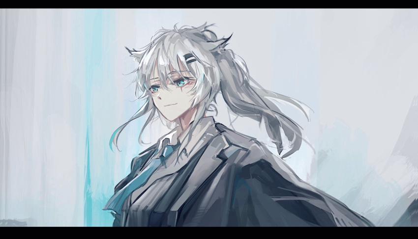 1girl animal_ears arknights black_jacket blue_eyes blue_necktie collared_shirt hair_between_eyes highres jacket lalvice lappland_(arknights) letterboxed long_hair long_sleeves necktie ponytail scar scar_across_eye shirt solo upper_body white_hair white_shirt wolf_ears wolf_girl