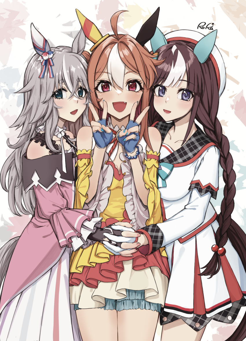 3girls :d absurdres animal_ears artist_name blue_eyes blue_gloves blunt_bangs braid brown_hair copano_rickey_(umamusume) cowboy_shot double_bun double_v ear_covers fang fingerless_gloves gloves grey_hair hair_between_eyes hair_bun hat highres hokko_tarumae_(umamusume) holding_hands horse_ears horse_girl horse_tail jacket long_hair looking_at_viewer mamu_t7s multicolored_hair multiple_girls purple_eyes red_eyes sailor_hat single_ear_cover skirt smile streaked_hair tail thick_eyebrows two-tone_hair umamusume v white_gloves white_hair white_headwear white_jacket white_skirt wonder_acute_(umamusume)