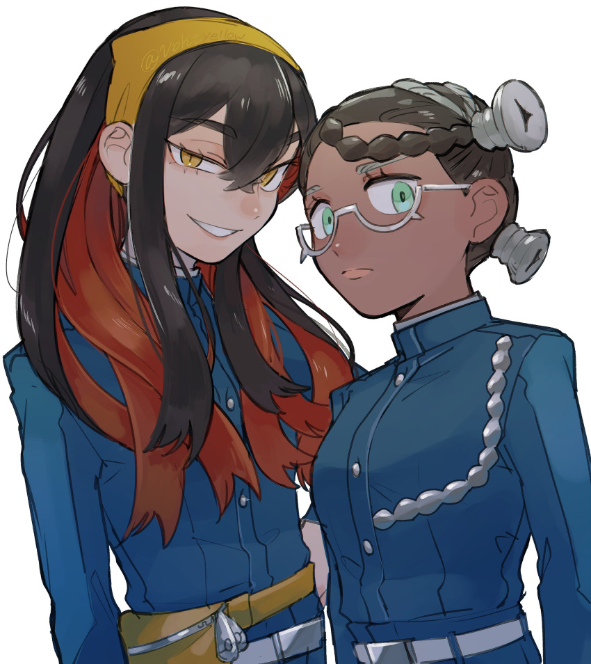 2girls absurdres akamtvahosi amarys_(pokemon) artist_name black_hair carmine_(pokemon) colored_inner_hair commentary_request crossed_bangs dark-skinned_female dark_skin eyelashes glasses hairband highres long_hair multicolored_hair multiple_girls pokemon pokemon_sv red_hair short_hair simple_background slit_pupils smile teeth twitter_username two-tone_hair upper_body white-framed_eyewear white_background yellow_eyes yellow_hairband