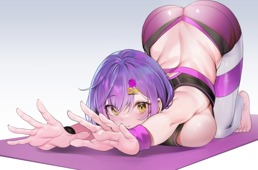 1girl absurdres ass bare_shoulders barefoot blush breast_press breasts cat_stretch commentary_request full_body hair_ornament highres large_breasts looking_at_viewer original outstretched_arms purple_hair short_hair sideboob solo stretching sweatband teddy_(khanshin) top-down_bottom-up wristband yellow_eyes yoga_mat