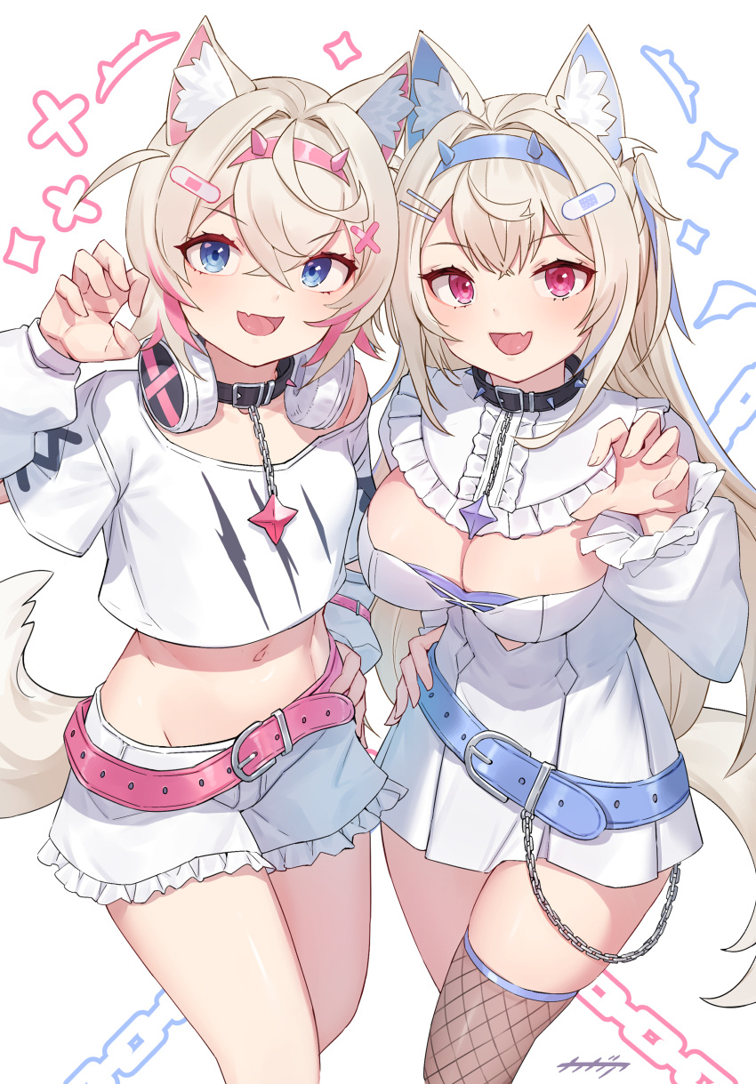 2girls absurdres animal_ear_fluff animal_ears arpeggio_kaga bandaid bandaid_hair_ornament belt belt_collar black_collar blonde_hair blue_belt blue_hair breasts cleavage cleavage_cutout clothing_cutout collar cropped_shirt dog_ears dog_girl dog_tail dress fang fishnet_thighhighs fishnets frilled_shorts frills fuwawa_abyssgard fuwawa_abyssgard_(1st_costume) hair_ornament hairpin headphones headphones_around_neck highres hololive hololive_english large_breasts long_hair looking_at_viewer medium_hair mococo_abyssgard mococo_abyssgard_(1st_costume) multicolored_hair multiple_girls navel open_mouth pink_belt pink_hair shirt short_dress short_shorts shorts siblings sidelocks single_thighhigh sisters skin_fang small_breasts smile spiked_collar spikes streaked_hair tail thighhighs twins two_side_up virtual_youtuber white_background white_dress white_shirt white_shorts x_hair_ornament