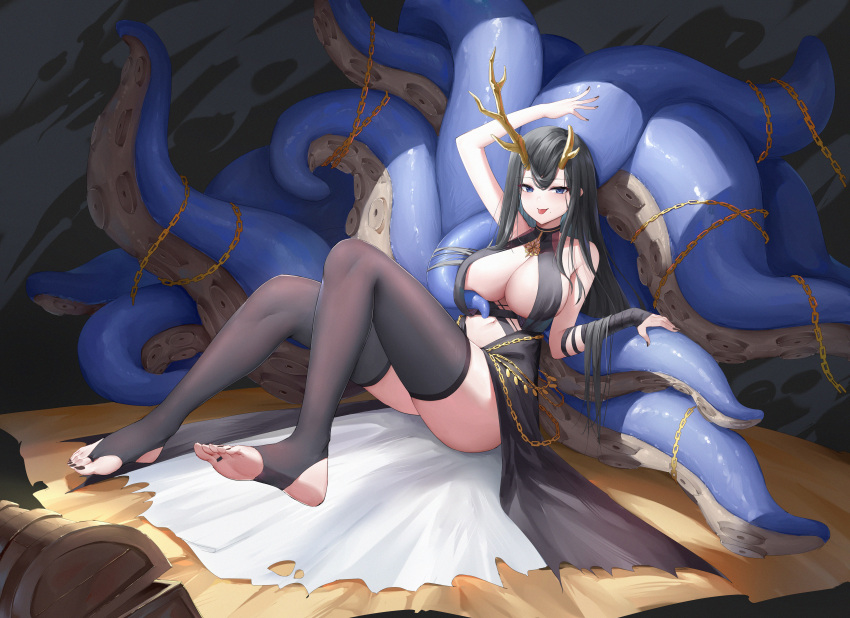 1girl :p absurdres antlers asymmetrical_horns azur_lane black_dress black_hair black_nails black_thighhighs blue_eyes breasts bridal_legwear chain dress feet golden_hind_(azur_lane) highres horns kafeifeifeifeifeifei_jiemo_jun knees_up large_breasts legs long_hair looking_at_viewer mole mole_under_mouth nail_polish navel no_shoes reindeer_antlers revealing_clothes sitting solo stirrup_legwear stomach suction_cups tentacles thighhighs toeless_legwear toenail_polish toenails toes tongue tongue_out treasure_chest