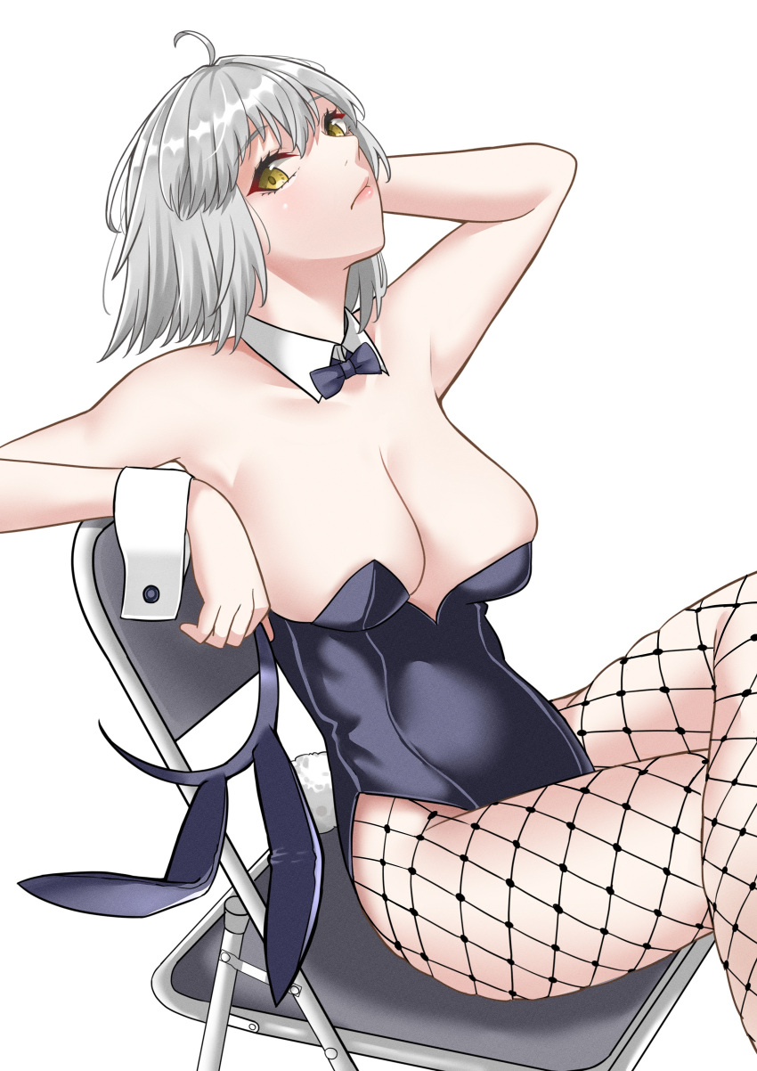 1girl absurdres ahoge alternate_costume animal_ears armpits bare_shoulders black_bow black_bowtie black_leotard bow bowtie breasts chair cleavage closed_mouth commentary_request crossed_legs detached_collar fake_animal_ears fate/grand_order fate_(series) fishnet_pantyhose fishnets grey_hair highres jeanne_d'arc_alter_(fate) large_breasts leotard lips looking_at_viewer pantyhose pink_lips playboy_bunny rabbit_ears rabbit_tail short_hair simple_background sitting solo strapless strapless_leotard tail thighs tomotomow00w unworn_headwear white_background wrist_cuffs yellow_eyes