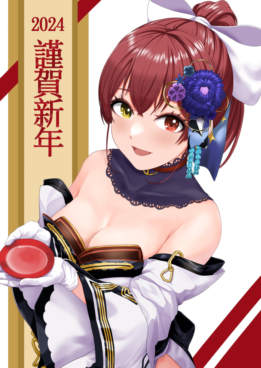 1girl absurdres black_collar blue_flower bow breasts choko_(cup) cleavage collar cup detached_collar flower gloves hair_bow hair_flower hair_ornament heterochromia high_ponytail highres holding holding_cup hololive houshou_marine houshou_marine_(new_year) japanese_clothes kimono large_breasts long_hair melt_(pixiv6025464) official_alternate_costume red_eyes red_hair smile virtual_youtuber white_bow white_gloves white_kimono yellow_eyes