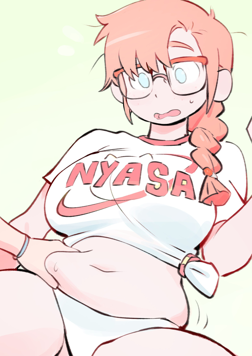 1girl absurdres blue_eyes braid breasts clothes_writing colo_(nagrolaz) crop_top english_commentary glasses grabbing highres large_breasts long_hair midriff navel orange_hair original plump rita_(sweethex) shirt solo surprised tied_shirt