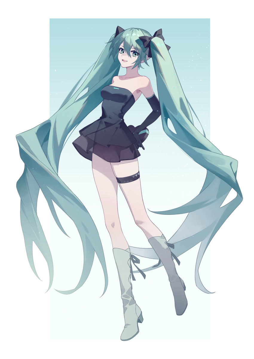absurdres aqua_background aqua_eyes aqua_hair bare_shoulders black_bow black_dress black_gloves boots bow box breasts collarbone dress elbow_gloves full_body gift gloves gradient_background grey_footwear hair_bow hatsune_miku heart-shaped_box highres holding holding_gift kirby_d_a knee_boots layered_dress long_hair looking_at_viewer open_mouth short_dress small_breasts strapless strapless_dress thigh_strap twintails very_long_hair vocaloid white_background