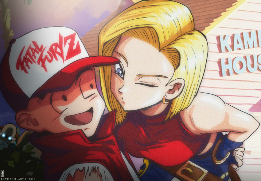 absurdres android_18 bare_shoulders baseball_cap blonde_hair blue_eyes blue_mary blue_mary_(cosplay) breasts cosplay crop_top dragon_ball dragon_ball_z earrings fatal_fury fingerless_gloves gloves hat highres jacket jewelry kuririn medium_breasts muten_roushi one_eye_closed oversized_belt raydash30 red_jacket short_hair terry_bogard terry_bogard_(cosplay) the_king_of_fighters