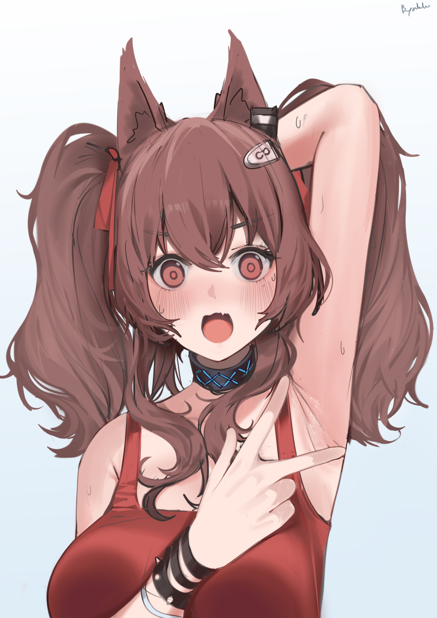 1girl absurdres angelina_(arknights) angelina_(summer_flower)_(arknights) animal_ears arknights arm_behind_head arm_up armpits blue_background blush bracelet breasts brown_eyes brown_hair casual_one-piece_swimsuit collar fourtwelve fox_ears gradient_background highres infection_monitor_(arknights) jewelry long_hair looking_at_viewer medium_breasts official_alternate_costume one-piece_swimsuit open_mouth red_one-piece_swimsuit sidelocks solo spread_armpit swimsuit twintails upper_body