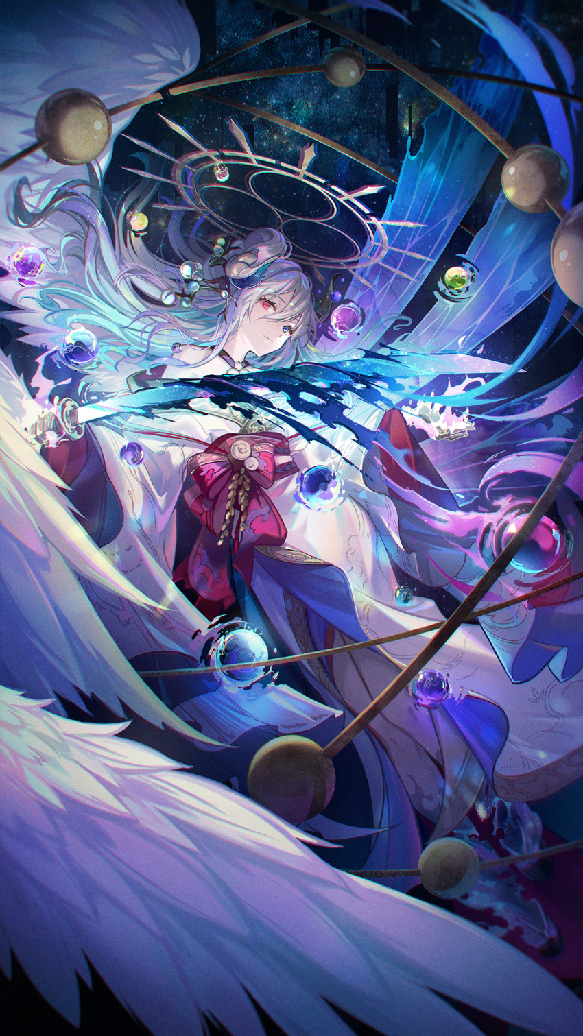 1girl blue_eyes commission feathered_wings grey_hair halo heterochromia highres holding holding_sword holding_weapon japanese_clothes katana kimono kyusoukyu looking_at_viewer orb original red_eyes skeb_commission solo space star_(sky) sword weapon white_kimono white_wings wings