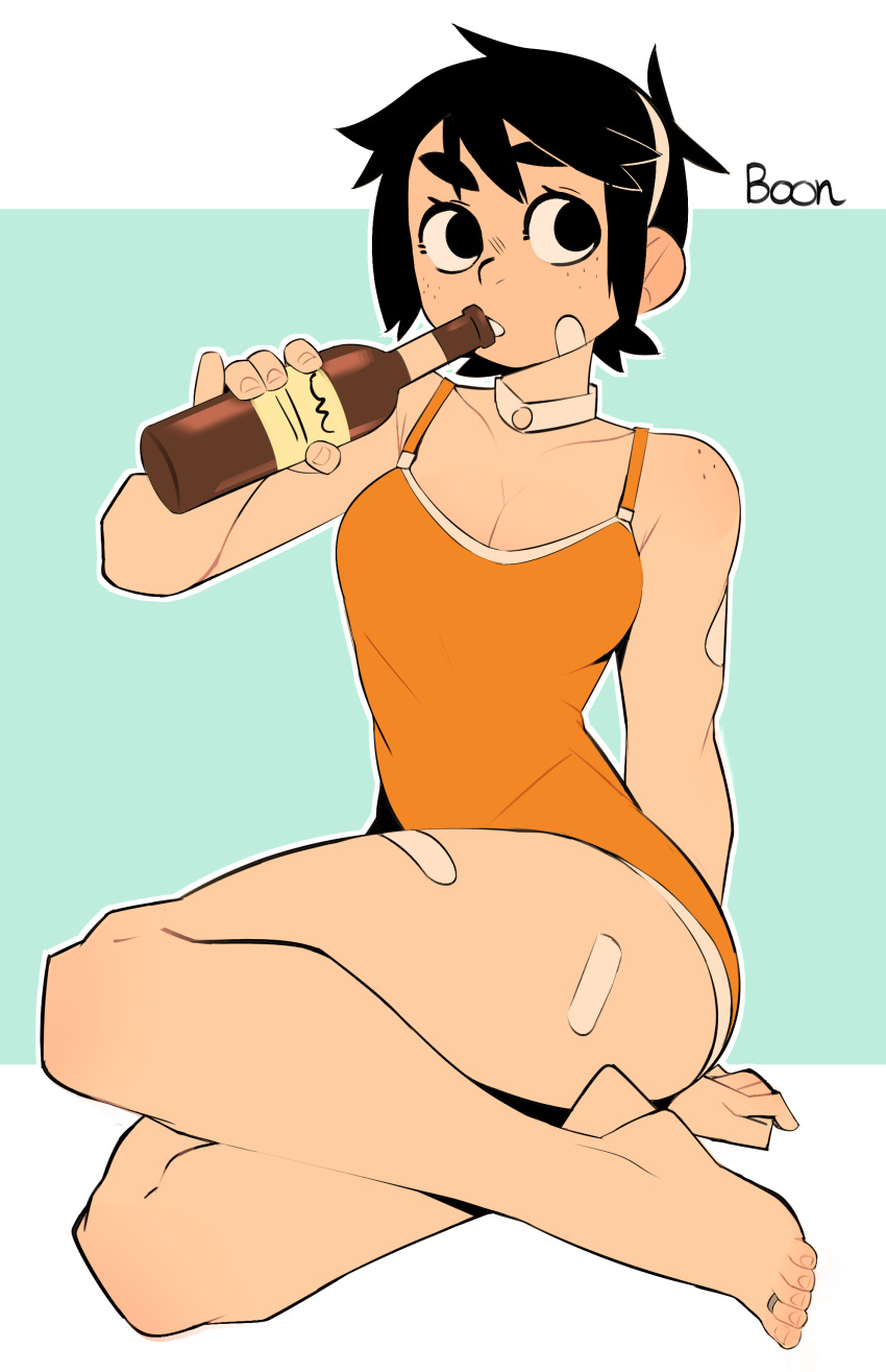 1girl absurdres aqua_background arm_support artist_name bandaid bandaid_on_arm bandaid_on_cheek bandaid_on_face bandaid_on_leg bare_arms bare_legs bare_shoulders barefoot black_eyes black_hair body_freckles boondraws bottle breasts choker cleavage collarbone dress feet fingernails freckles full_body hand_up headband highres holding holding_bottle jewelry knees legs looking_to_the_side medium_breasts nostrils on_floor orange_dress original outline parted_lips pinky_out short_dress short_hair sidelocks simple_background sitting sleeveless solo spaghetti_strap square swept_bangs teeth thick_eyebrows thighs toe_ring toes two-tone_background vanilla_(negsus) white_background white_choker white_headband white_outline yokozuwari