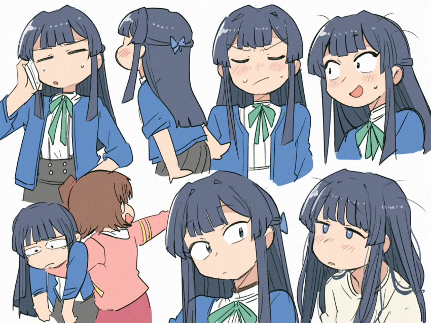 2girls :o blue_bow blue_eyes blue_hair blue_jacket blunt_bangs blush blush_stickers bow brown_hair closed_eyes closed_mouth commentary_request double-parted_bangs expressions furrowed_brow green_ribbon grey_skirt hair_bow hair_intakes half_updo idolmaster idolmaster_million_live! jacket kasuga_mirai long_hair loose_hair_strand mogami_shizuka multiple_girls neck_ribbon nose_blush open_mouth parted_lips pink_jacket red_skirt ribbon sanpaku shirt side_ponytail sideways_mouth simple_background skirt sweat tearing_up tsubobot variations white_background white_shirt wide-eyed