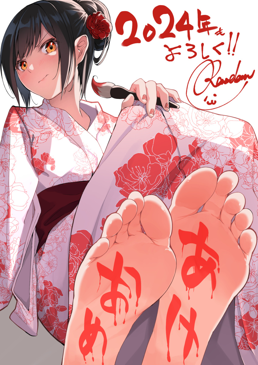 1girl 2024 arm_support artist_name barefoot black_hair blush body_writing closed_mouth commentary_request feet floral_print flower foot_focus foreshortening greek_toe hair_bun hair_flower hair_ornament hand_on_own_knee happy_new_year highres holding japanese_clothes ju_yorimoto_(ranten_yume) kimono knees_up leaning_back legs_together looking_at_viewer nail_polish obi on_ground orange_eyes original paid_reward_available paintbrush print_kimono red_kimono red_sash sash short_hair sidelocks signature sitting soles solo toes two-tone_kimono white_background white_kimono