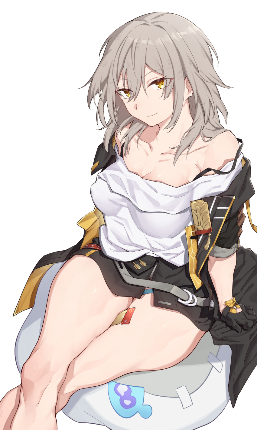 1girl absurdres batatata77 black_gloves black_jacket breasts cleavage commentary_request crossed_legs gloves grey_hair hair_between_eyes head_tilt highres honkai:_star_rail honkai_(series) jacket looking_at_viewer medium_breasts medium_hair shirt simple_background smile solo stelle_(honkai:_star_rail) thighs toned trailblazer_(honkai:_star_rail) white_shirt yellow_eyes