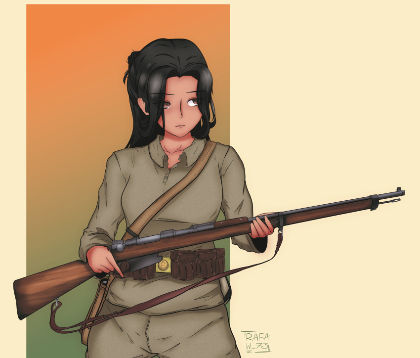 1girl absurdres ammunition_pouch belt_buckle black_hair brown_eyes buckle gun highres mauser_model_1889 original ottoman_empire pouch rafael_(rafa_w73) rifle tan uniform weapon world_war_i