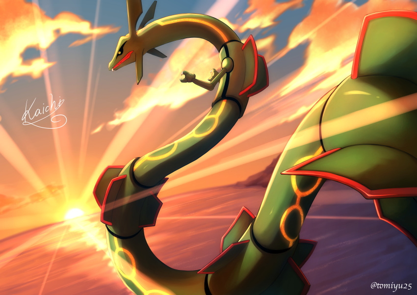 absurdres black_sclera claws closed_mouth cloud colored_sclera commentary_request dragon eastern_dragon fang fang_out highres kaichi_(tomiyu25) no_humans outdoors pokemon pokemon_(creature) rayquaza signature sky solo sunset twilight yellow_eyes