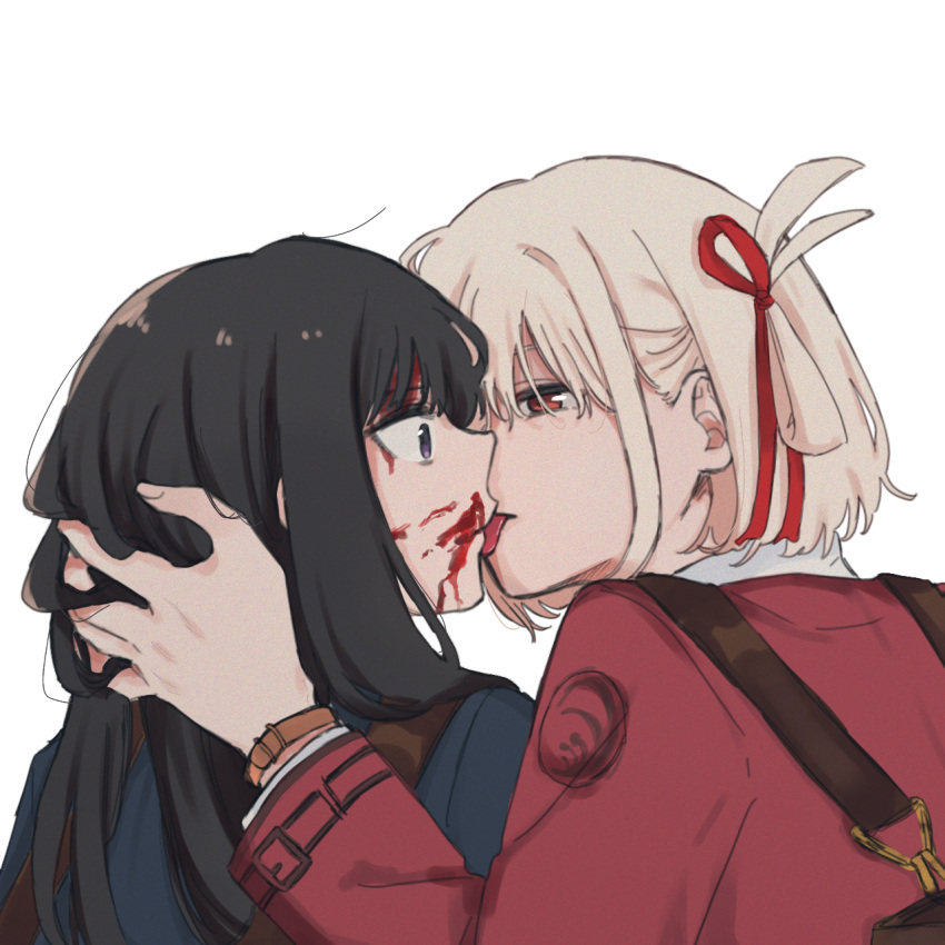 2girls backpack bag black_hair blonde_hair blood blood_on_face blue_dress bob_cut commentary_request dress eye_contact hair_ribbon hand_on_another's_head highres inoue_takina licking licking_another's_face licking_blood long_hair long_sleeves looking_at_another lycoris_recoil lycoris_uniform multiple_girls nishikigi_chisato one_side_up purple_eyes red_dress red_eyes red_ribbon ribbon short_hair sidelocks simple_background tongue tongue_out upper_body watch white_background wristwatch yarou_(0tyaro) yuri