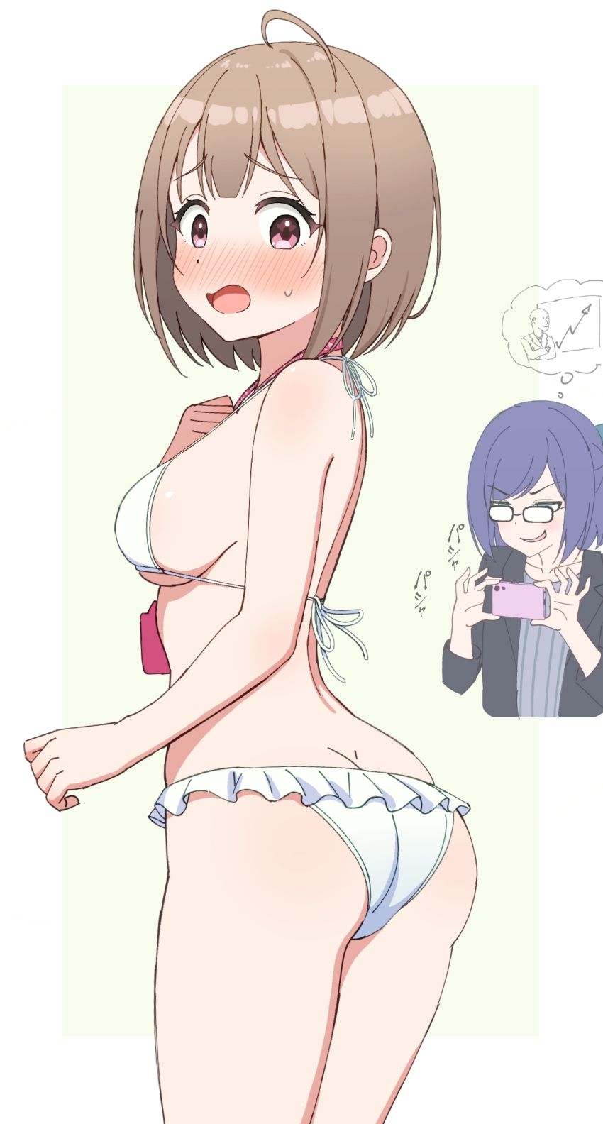 2girls a-chan_(hololive) ahoge ass bikini blue_hair blush breasts brown_hair embarrassed evil_grin evil_smile frilled_bikini frills glasses grin harusaki_nodoka highres hololive looking_at_viewer looking_back meme multiple_girls norigure18 pink_eyes short_hair sideboob simple_background smile solo_focus stonks_(meme) sweat swimsuit taking_picture virtual_youtuber white_background