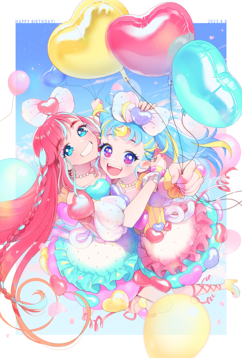 2girls balloon blonde_hair blue_eyes blue_hair blue_sky border bow bracelet braid dated dress english_text floating full_body hair_bow hand_on_another's_head happy_birthday heart heart_balloon hibino_matsuri hibino_matsuri_(primagista) high_heels highres holding holding_balloon hug idol_clothes jewelry jumping layered_dress long_hair looking_at_viewer multicolored_clothes multicolored_dress multicolored_eyes multicolored_hair multiple_girls myamu necklace open_mouth oshiri_(o4ritarou) parted_lips pearl_necklace pink_hair polka_dot pretty_series puffy_short_sleeves puffy_sleeves purple_eyes short_sleeves sky smile streaked_hair teeth twintails waccha_primagi! white_border