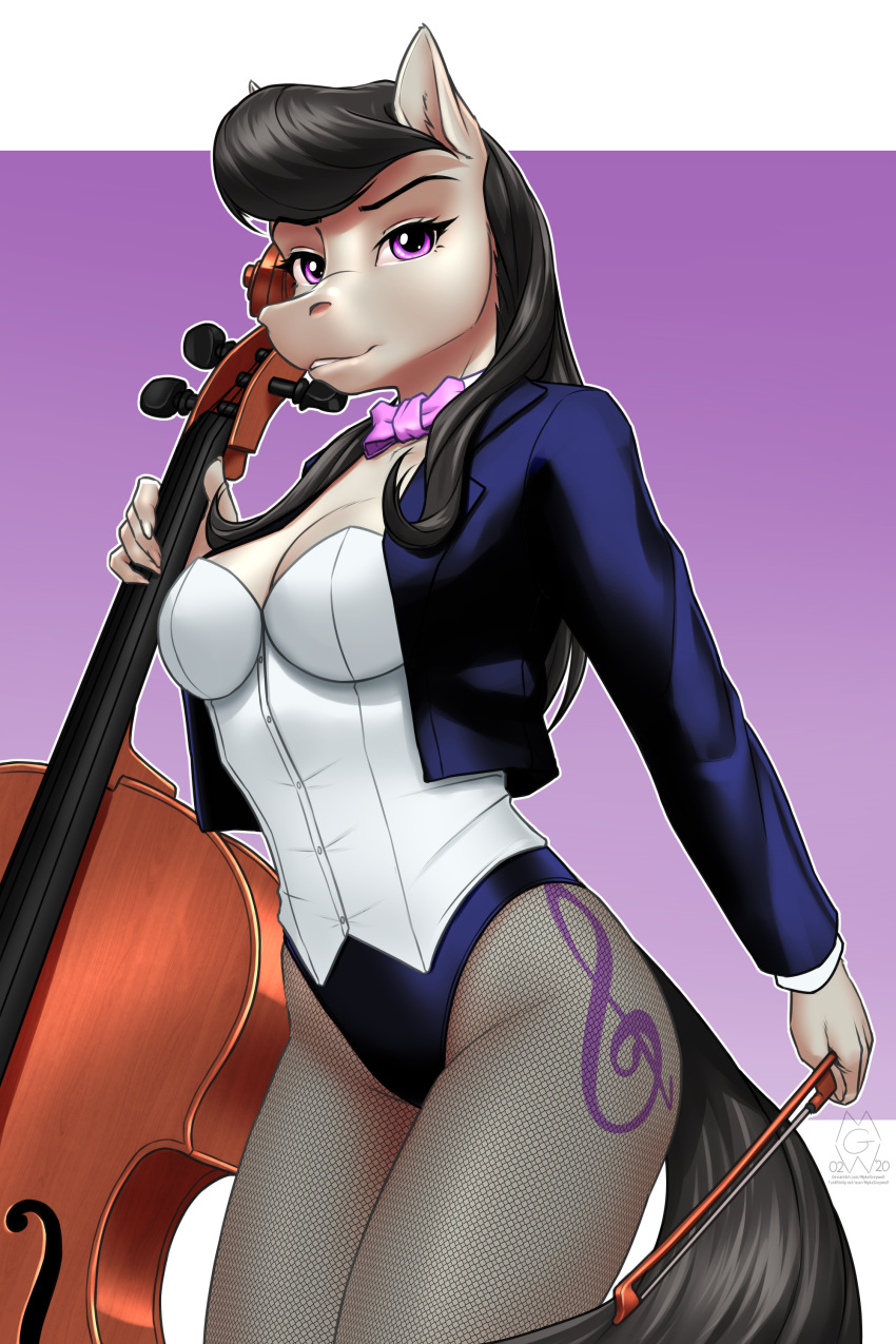 2020 2:3 5_fingers absurd_res anthro black_hair bow_(stringed_instrument) bow_tie bowed_string_instrument cello clothed clothing cutie_mark digital_media_(artwork) equid equine female fingers friendship_is_magic hair hi_res long_hair mammal musical_instrument my_little_pony mykegreywolf octavia_(mlp) purple_eyes solo string_instrument