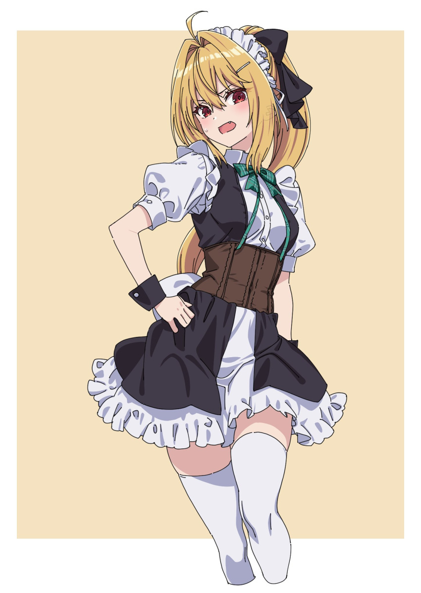 1girl ahoge alternate_costume black_bow black_dress black_wrist_cuffs blonde_hair blush border bow breasts commentary_request dress embarrassed enmaided eyelashes eyes_visible_through_hair feet_out_of_frame frilled_skirt frills hair_between_eyes hair_bow hair_intakes hand_on_own_hip highres hikikomari_kyuuketsuki_no_monmon long_hair looking_at_viewer maid maid_headdress open_mouth ponytail puffy_short_sleeves puffy_sleeves red_eyes shirt shitaya_tomoyuki short_sleeves simple_background skirt sleeveless sleeveless_dress small_breasts solo standing sweatdrop terakomari_gandezblood thighhighs tsurime v-shaped_eyebrows white_border white_shirt white_thighhighs wrist_cuffs yellow_background zettai_ryouiki