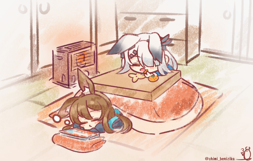 2girls absurdres amiya_(arknights) animal_ear_fluff animal_ears arknights benizika black_jacket book brown_hair chest_of_drawers chibi closed_eyes eating extra_ears food frostnova_(arknights) fruit hair_ornament hair_over_one_eye hairclip heater highres indoors jacket kotatsu long_hair multiple_girls open_mouth orange_(fruit) ponytail rabbit_ears rabbit_girl sleeping table twitter_username under_kotatsu under_table white_hair