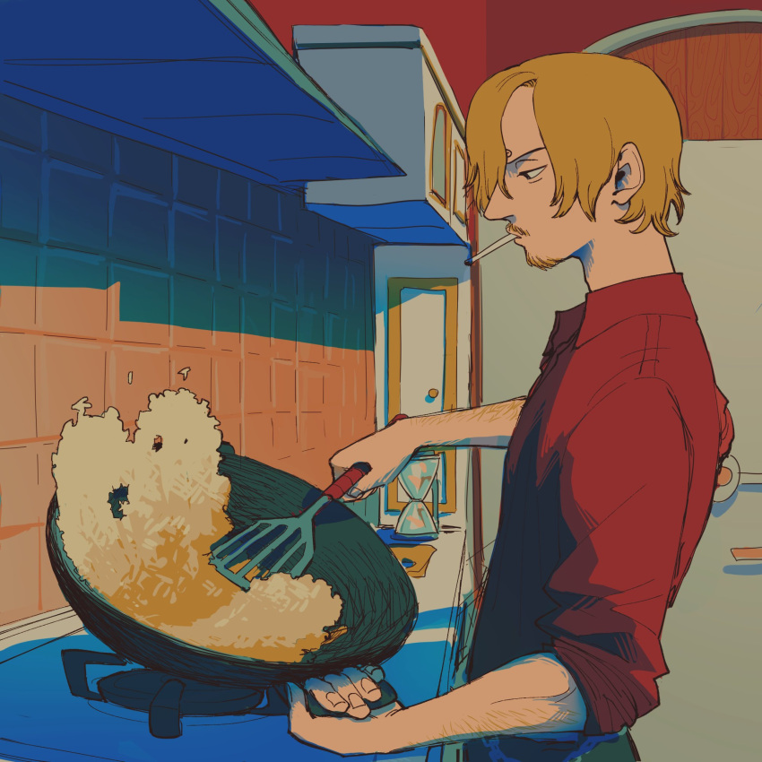 1boy arm_hair blonde_hair boyidieboy cigarette cooking curly_eyebrows facial_hair food fried_rice from_side frying_pan goatee hair_over_one_eye highres holding holding_frying_pan holding_spatula hourglass indoors kitchen looking_down male_focus mouth_hold mustache one_piece profile red_shirt sanji_(one_piece) shirt short_hair solo spatula stove upper_body