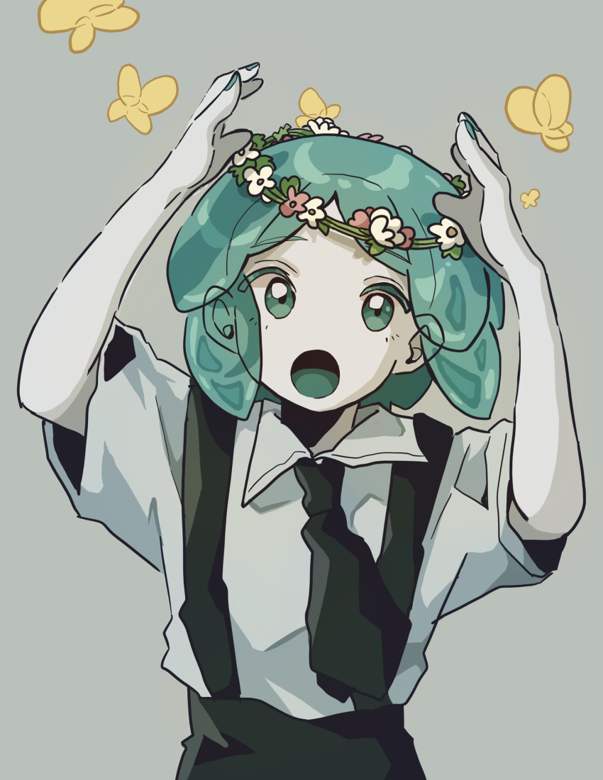 1other 773_577_773 :o arms_up black_necktie collared_shirt grey_background head_wreath highres houseki_no_kuni looking_at_viewer nail_polish necktie open_mouth phosphophyllite shirt short_hair short_sleeves simple_background solo suspenders