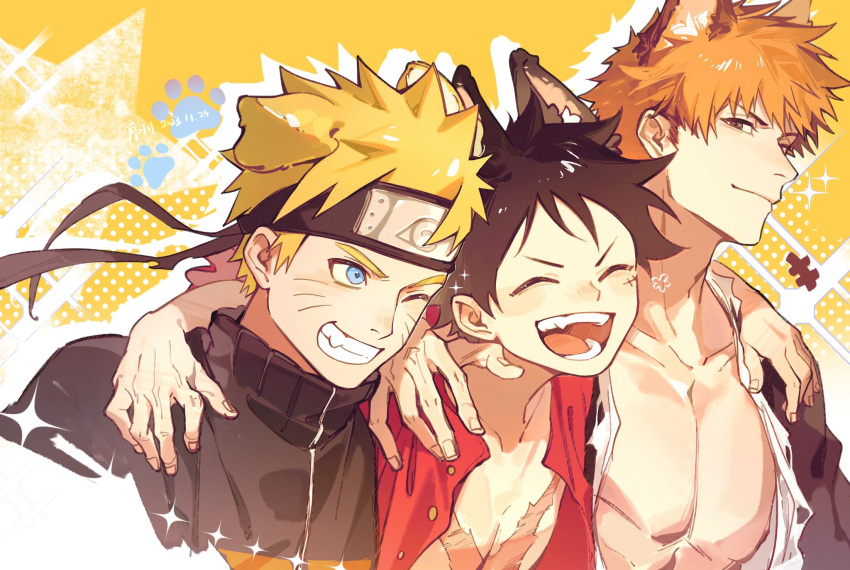 3boys animal_ears animal_hands arms_around_neck black_coat black_eyes black_hair black_headband black_jacket bleach blonde_hair blue_eyes cat_ears center_opening clenched_teeth closed_eyes coat colored_skin crossover dog_ears dog_paws fingernails headband highres jacket jyukawa kurosaki_ichigo light_smile long_sleeves looking_at_another looking_at_viewer male_focus monkey_d._luffy multicolored_clothes multicolored_jacket multiple_boys naruto naruto_(series) naruto_shippuuden one_eye_closed one_piece open_mouth orange_hair orange_jacket pectoral_cleavage pectorals red_shirt scar scar_on_cheek scar_on_chest scar_on_face shirt short_hair smile star_(symbol) teeth turtleneck turtleneck_jacket two-tone_background two-tone_jacket uzumaki_naruto white_background white_skin yellow_background